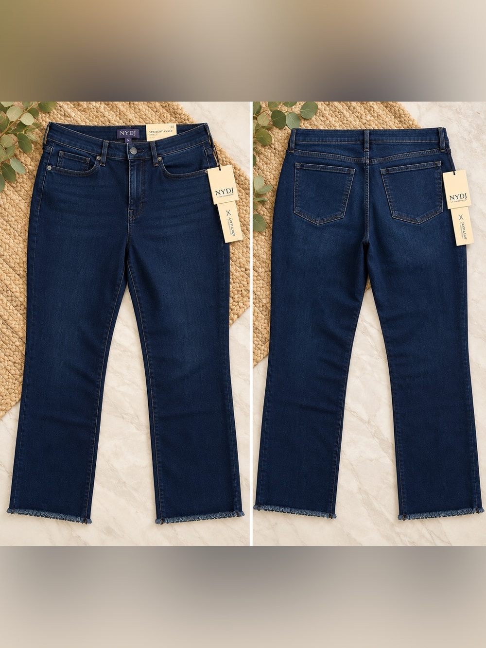NYDJ Marilyn Straight Ankle Jeans Women 14 Midnight Falls Frayed Hem NWT 27”